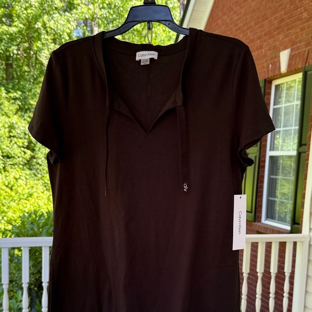 Calvin Klein Black Short-Sleeve Hooded V-Neck Tunic - L - NWT
